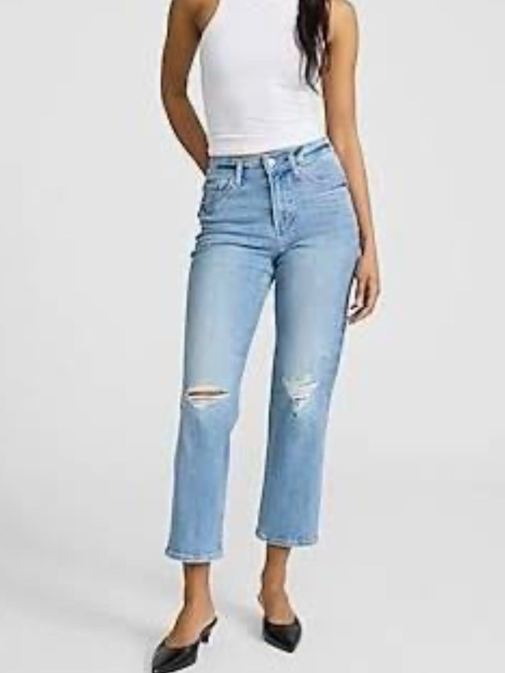 Express  Super High Rise Straight Slim Fit Ankle Lite Denim Distressed sz 12S